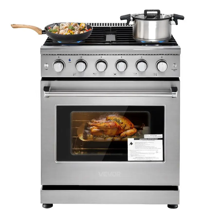 VEVOR 30-in Freestanding Stainless Steel Gas Range Oven with 5 Sealed Gas Cooktop Burners, Easy-Reach Racks, 4.8 Cu. Ft. Capacity for Apartment Cooking, Home Kitchen Use