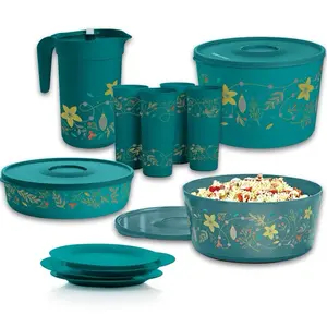 Tupperware Holiday Holly Serving Set Mysterious Green Bowls Plates Tumblers & Pitcher Leakproof Stackable Microwave Safe