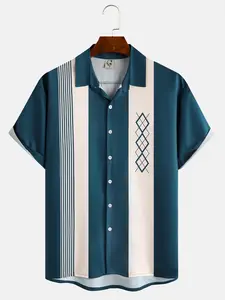 Hardaddy Men's Geometric Print Wrinkle Resistant Moisture Wicking Fabric Lapel Short Sleeve Hawaiian Shirt