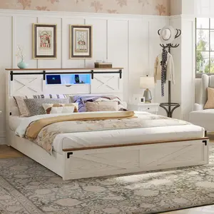 Hasuit Farmhouse Bed Frame California King Size with Storage Bookcase Headboard, Wooden Cal King Bed with LED Lights, Charging Station, 2 Drawers, Country Rustic Bed Frame with Sliding Barn Door
