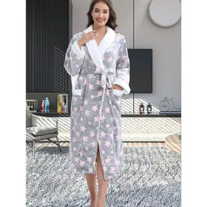 Women's Winter Warm Flannel Bathrobe, Thick Fleece Lined Hooded Robe with Pockets, Star Print Long Sleeve Sleepwear for Home