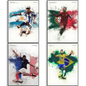 8x12in Unframed Soccer Canvas Poster Set of 4 - Messi, Ronaldo, Mbappe, Neymar Artwork Painting, Christmas Gift for Boys, Home Decor for Living Room Bedroom