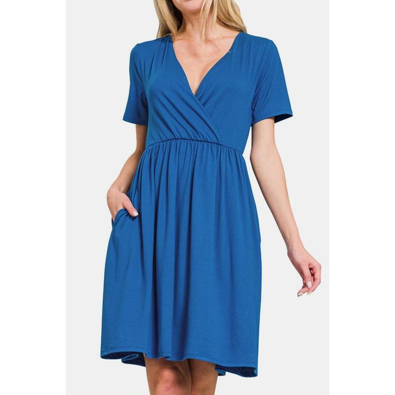 Surplice Short Sleeve Brushed DTY Dress - Basic Style, Pocketed Design, 90% Polyester & 10% Spandex, Comfortable Fit.