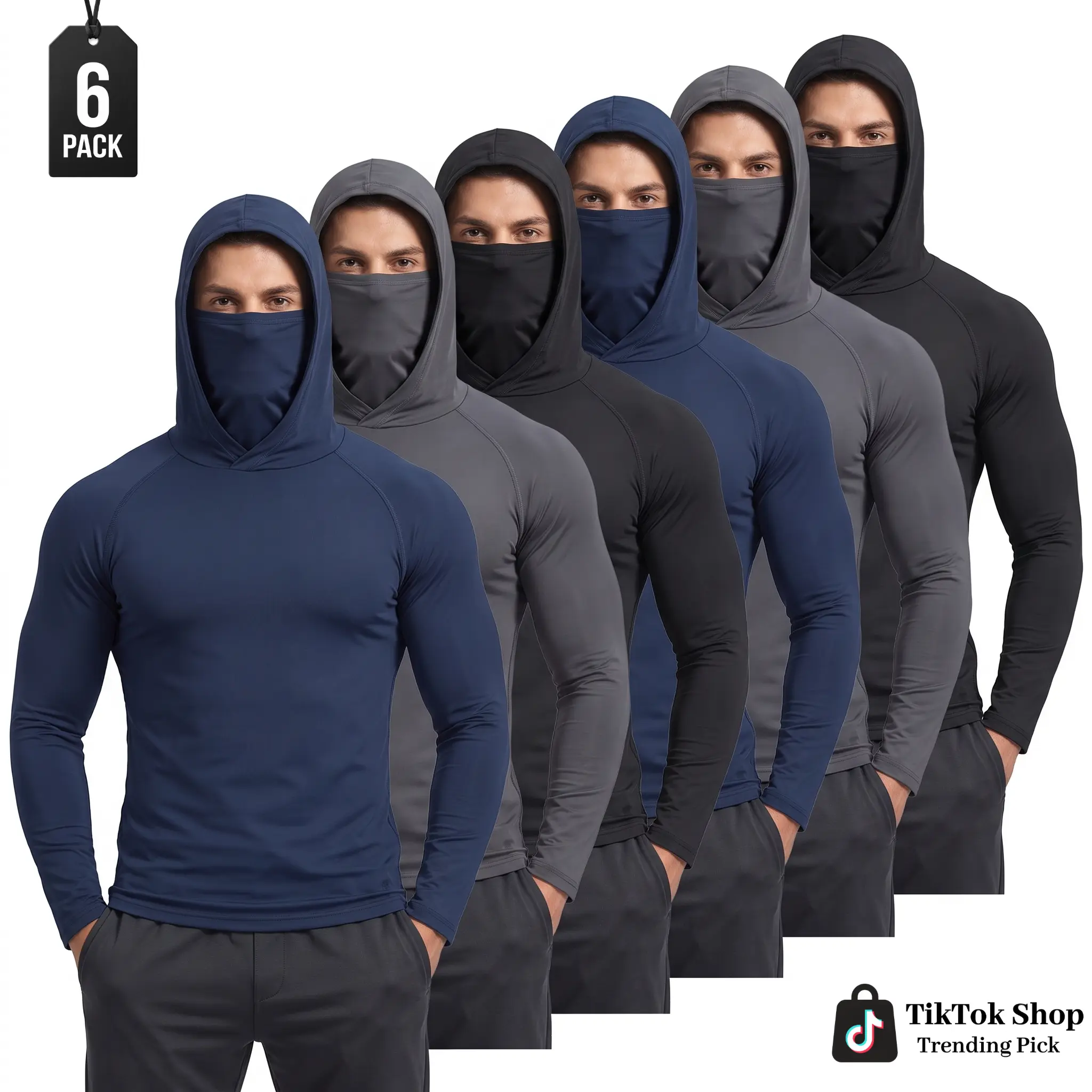 Men's UPF 50+ Hooded Sun Protection Shirt with Face-Covering Design, Long-Sleeve Outdoor Top for Fishing, Hiking and Travel, 6-Pack