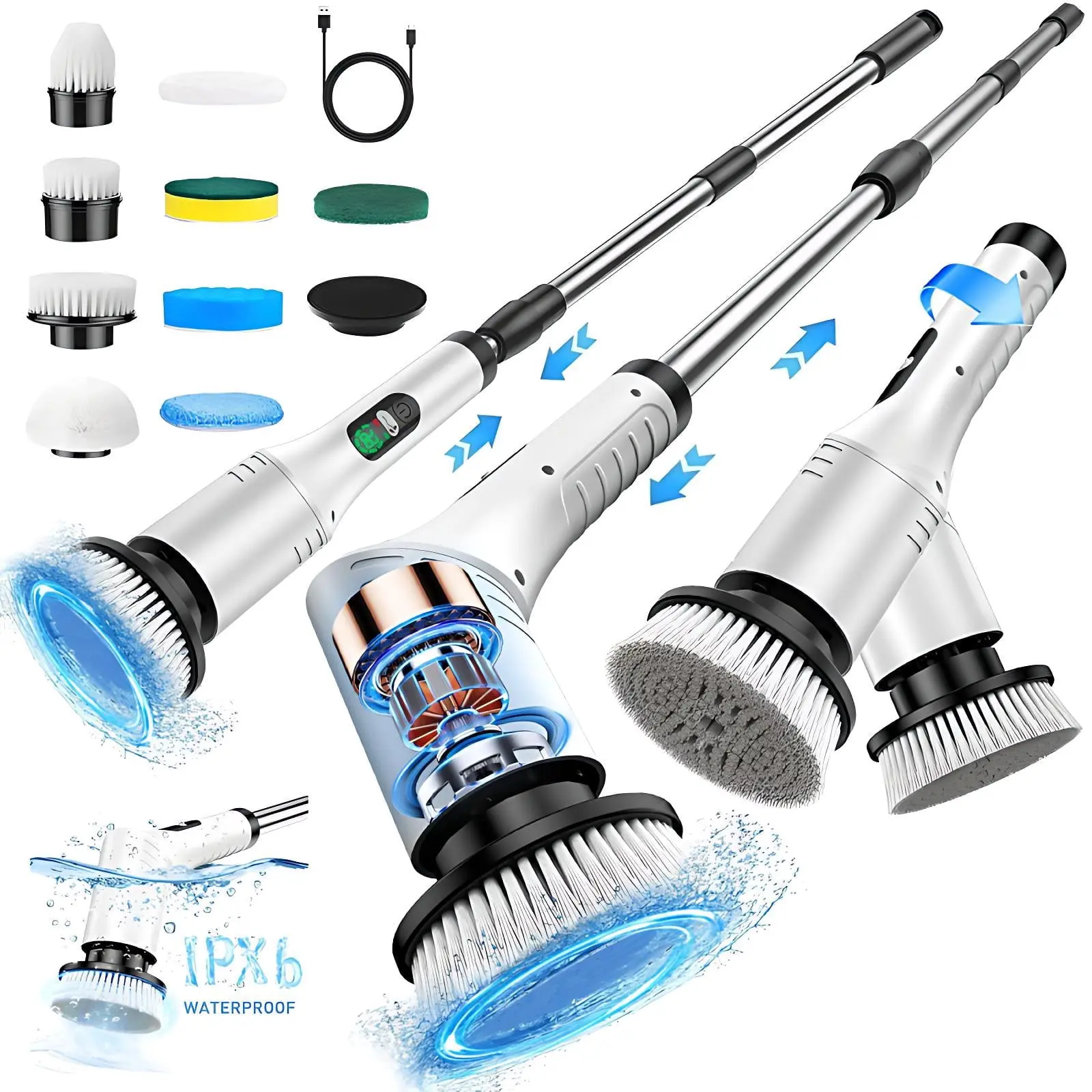 Electric Spin Scrubber with Adjustable Head, No Bending Bathroom Cleaner, Cordless Power Scrubber with Long Handle, 9 Brush Heads, 2 Speeds, Waterproof for Tub Tile Floor Shower