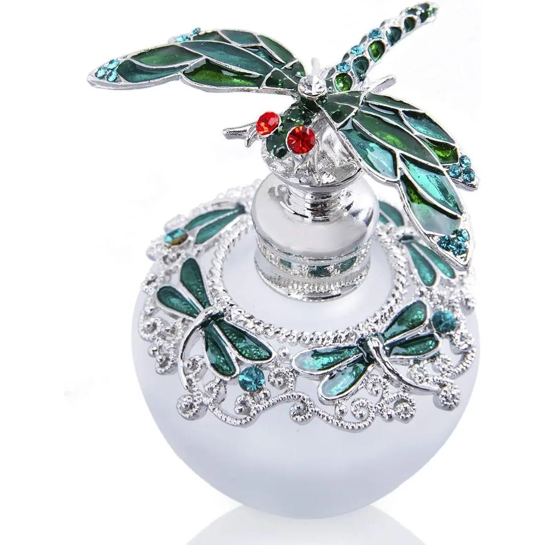 40ml Fancy Empty  Perfume Bottle with Green Dragonfly Stopper Rhinestones Bejewelled Refillable Glass Bottle Containers