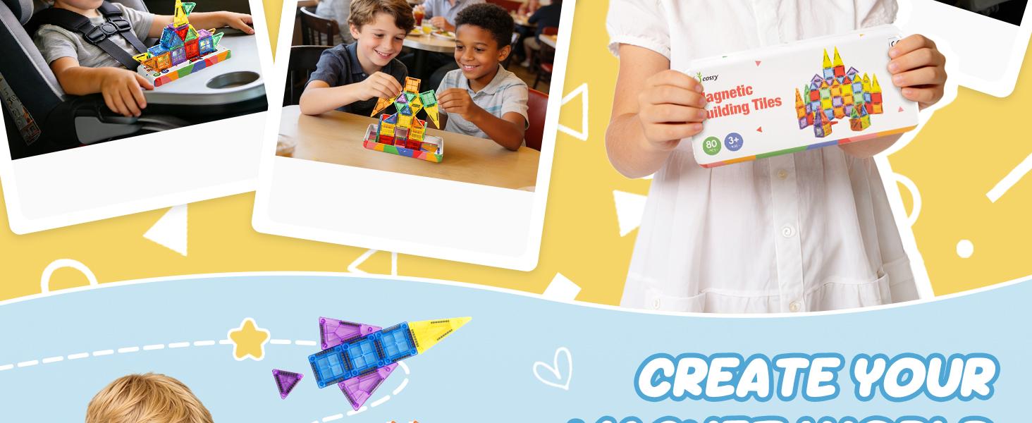 Cossy Mini Magnetic Tiles, 80 PCS Magnet Tiles Travel Magnetic Tiles with Iron Box and Storage Guide, Travel Toys for Long Trip and Restaurant, STEM Learning & Creative Building & Educational Toys