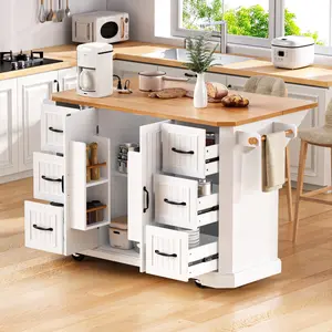 56 inch Kitchen Island with Rubber Wood Veneer Drop Leaf, Power Outlet, 4 Door Shelves, Embossed Vertical Stripe Rolling Kitchen Cart on 4 Wheels with 6 Deep Drawers for Kitchen, Dining Room,White