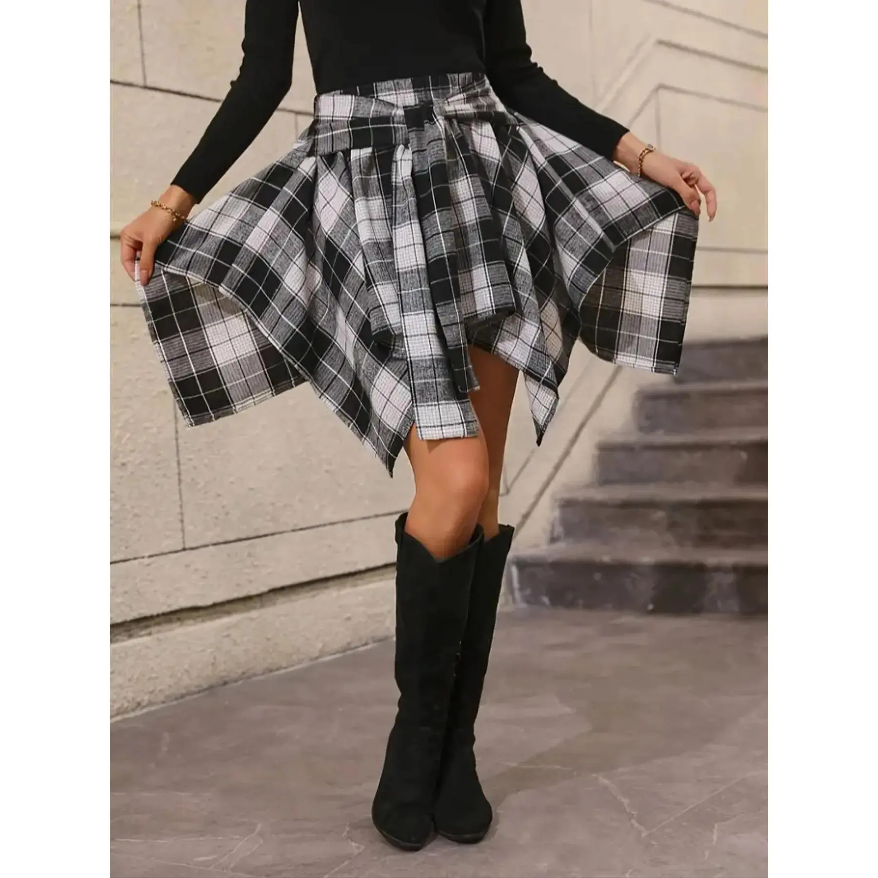 Women's Plaid Print Belted Asymmetrical Hem Flared Chinos Skirt, Casual High Waist Short for Daily Wear, Ladies Bottoms All Seasons Womenswear, napkin skirts, Flexible Fit, Street Style, Effortless Style, Simple Style
