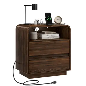 Cooelf Modern Nightstand, Wide Round Bedside Table with Charging Station, End Table with 2 Large Drawers for Bedroom Sofa Office