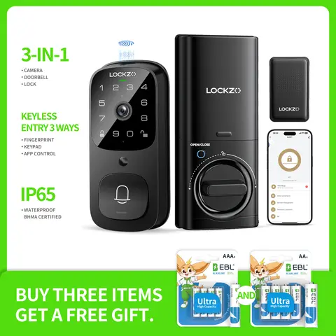 Smart Lock with Camera, 3-in-1 WiFi Doorbell Keyless Entry Door Lock, Deadbolt Lock for Front Door, Fingerprint, Keypad Code, App Control, IP65 Waterproof, BHMA, Support Alexa&Google Assistant,camping essentials