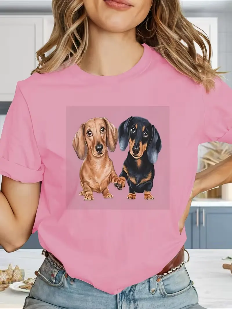 Women Adorable Tan & Black Pair Dachshund Holding Paws Graphic T-Shirt Soft Pink Cotton Short Sleeve Top Dog Mom Wiener Dog Pet Lover Casual Daily Wear Tee