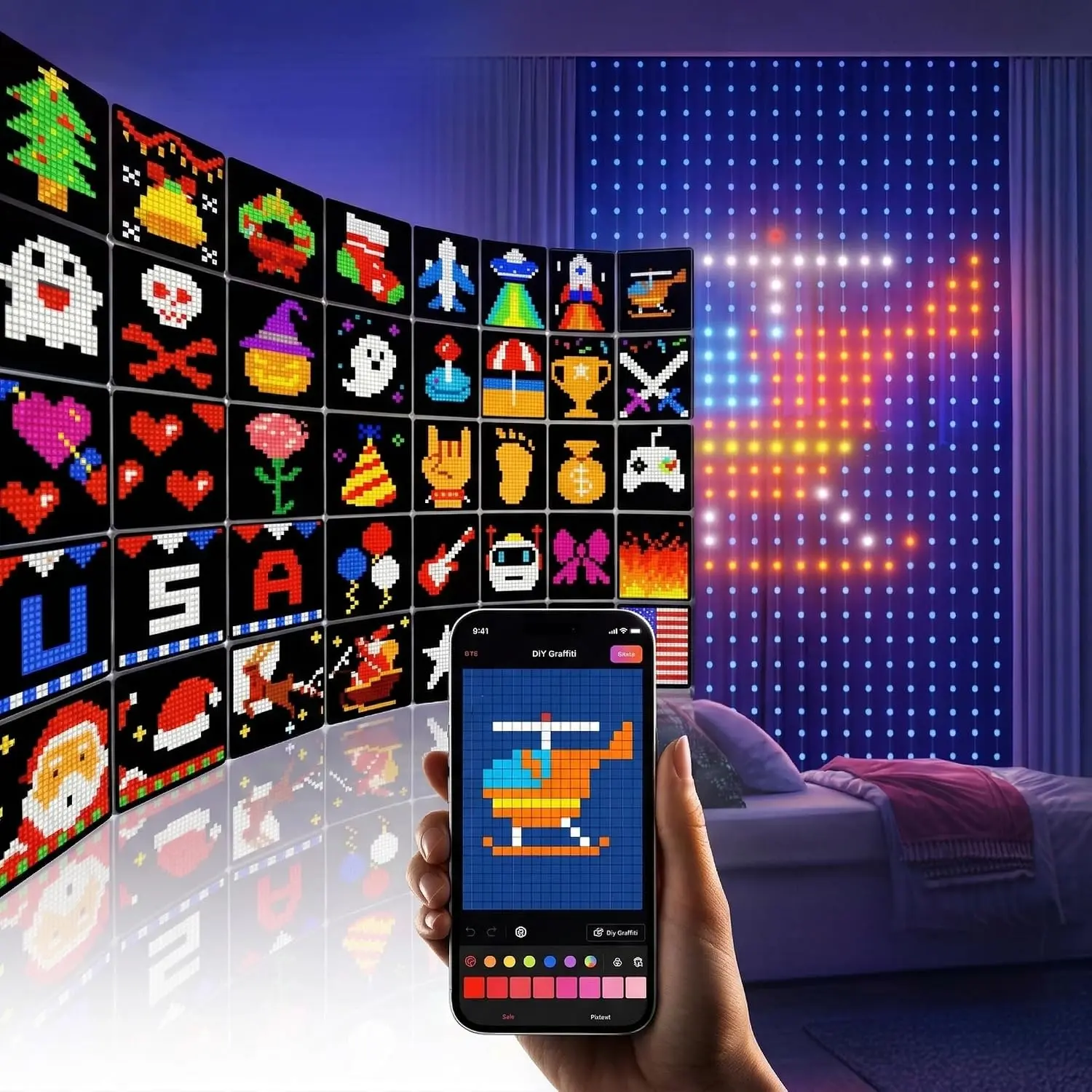 YEELIGHT Smart Curtain Lights, 5x6.5 Ft, 475 LEDs, APP Control, 100+ DIY Graffiti, 20+ GIF Scene Modes, RGB Dynamic String Lights for Bedroom, Holidays, Wall/Room Decorations, Bluetooth Connected
