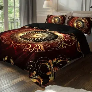 Bohemian Sun & Moon Print Quilt Set, Soft Polyester Fabric, Zipper Design, Modern Bedding Essentials, 3pcs