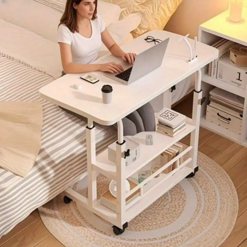 White/Multifunctional Desk On Wheels - Height-Adjustable Rolling Desk With Storage Shelves, Space-Saving Wood And Metal Frame, Compact Fiberboard Desktop For Home Office, Bedroom, Living Room, Sofa, Study