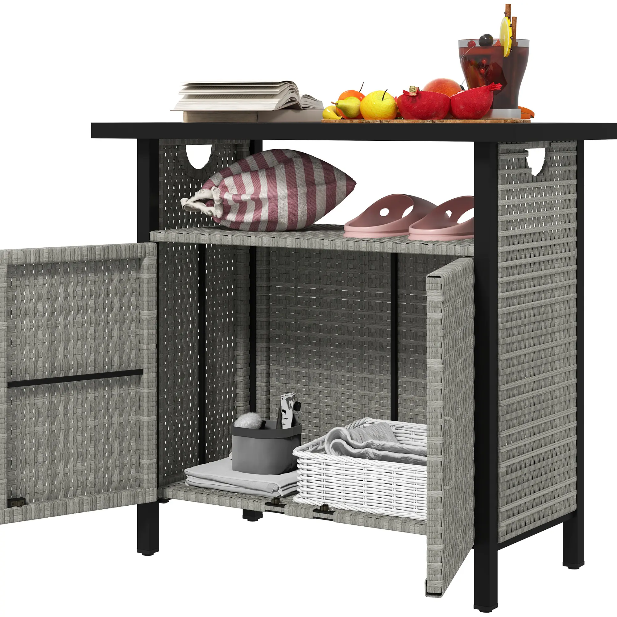 Outdoor Towel Rack Cabinet with Open Shelf and Enclosed Storage for Backyard Pool Party 35 Inch Wide Gray Rattan Valet Assembly Required