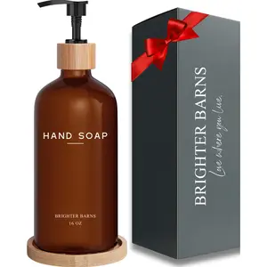 Amber Glass Hand Soap Dispenser Bathroom Set by Brighter Barns - Hand Soap Dispenser for Kitchen Sink & Bathroom - Bamboo Soap Dispenser Tray -Modern Bathroom Decor for Spa, RV, Fitness Center (Amber)