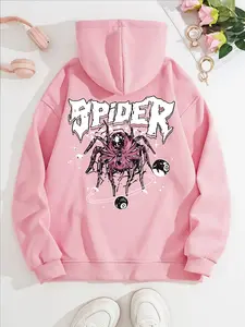 Women's Casual Spider Print Fleece Hoodie with Front Pocket, Comfortable Winter Pullover, Fall & Winter Fashion