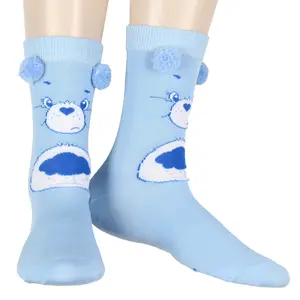 Care Bears Socks Women's Grumpy Bear Face and Belly Badge Design Pom-Pom Mid-Calf Junior's Crew Socks Size 9-11