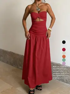 Women's Sleeveless Hollow Out A-Line Dress, Two Fabric Patchwork Design, Micro-Transparent Material, Beachwear Long Skirt Yj24627pfo