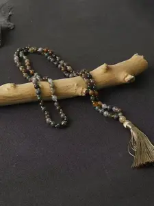 108 Beads Indian Agate Natural Stone Necklace, Tibetan Prayer Mala Chain, Vintage Sweater Chain, Long Fringe Pendant