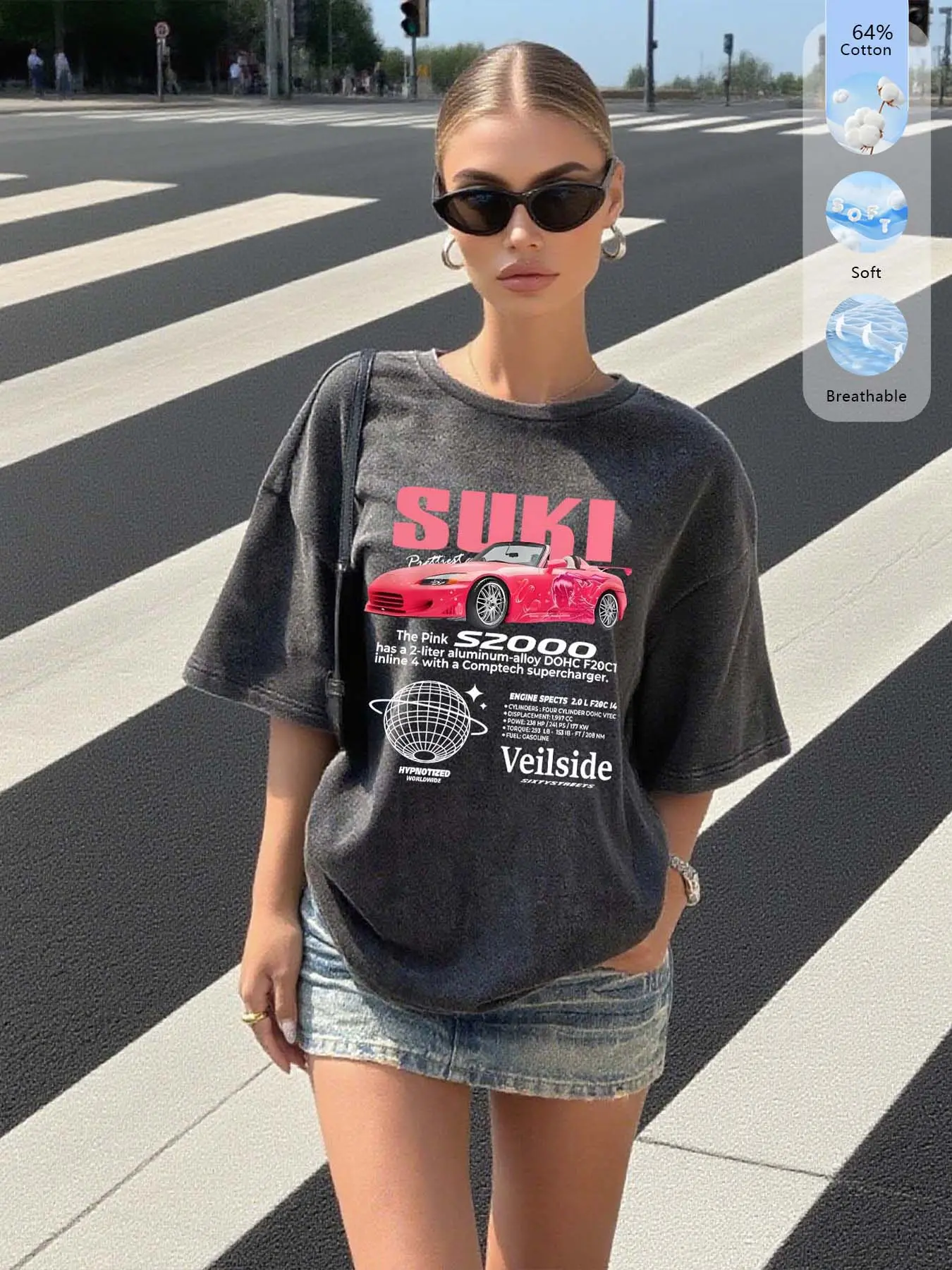Women's Washed Cotton Top, Vintage Car Print T-Shirt by Suki, Soft Breathable Comfortable Summer Casual Fitted Graphic Tee