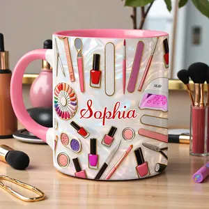 Personalized Nail Technician Mug 2D Printed 3D Effect Coffee Mug Custom Name Faux Stained Glass Design for Nail Artist Manicurist Beauty Lover Gift for Women Girls Salon Owner Birthday Graduation Appreciation Gift Idea