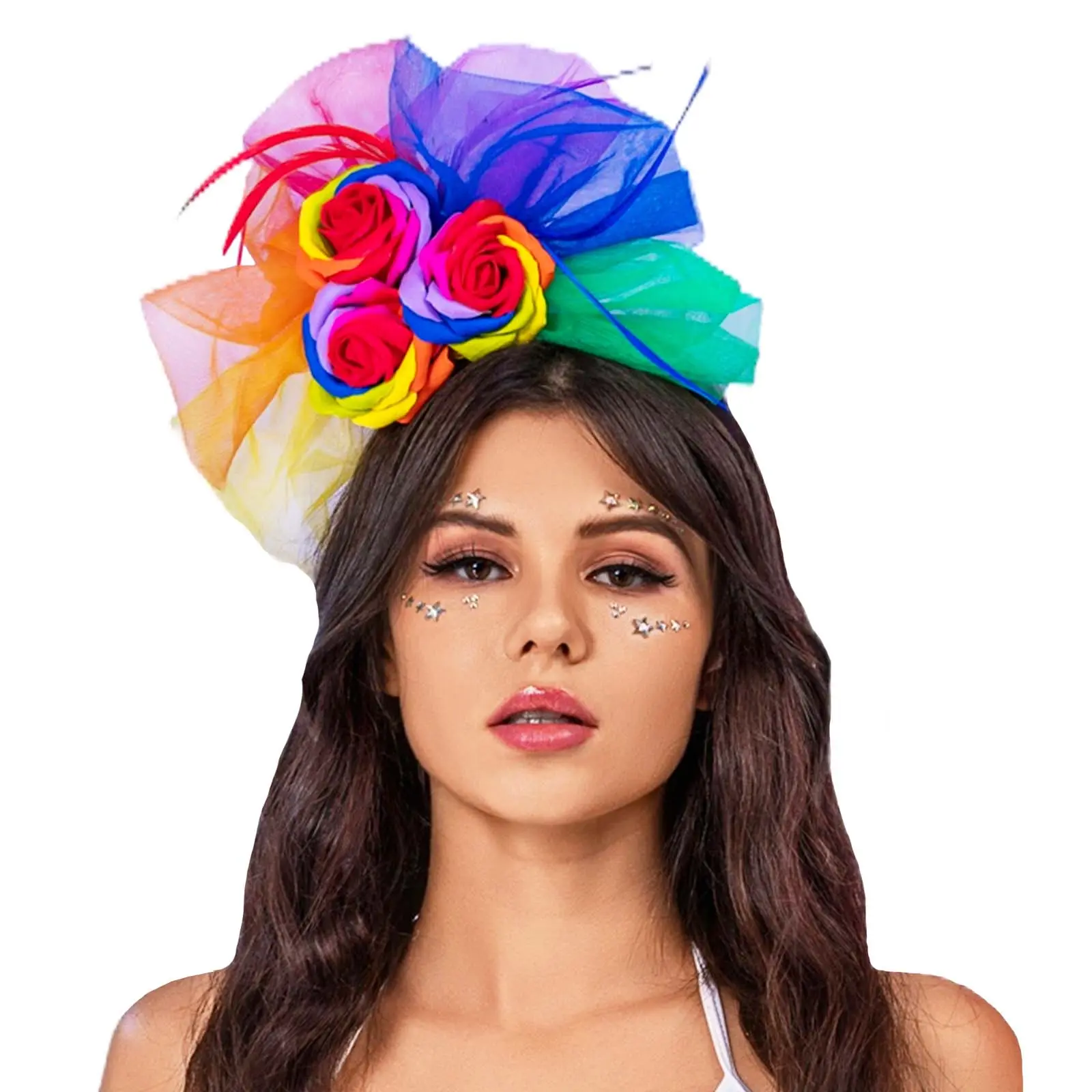 Colorful Flower Headband Rainbow Mesh Headwear Party Festival Headpiece for Women and Girls