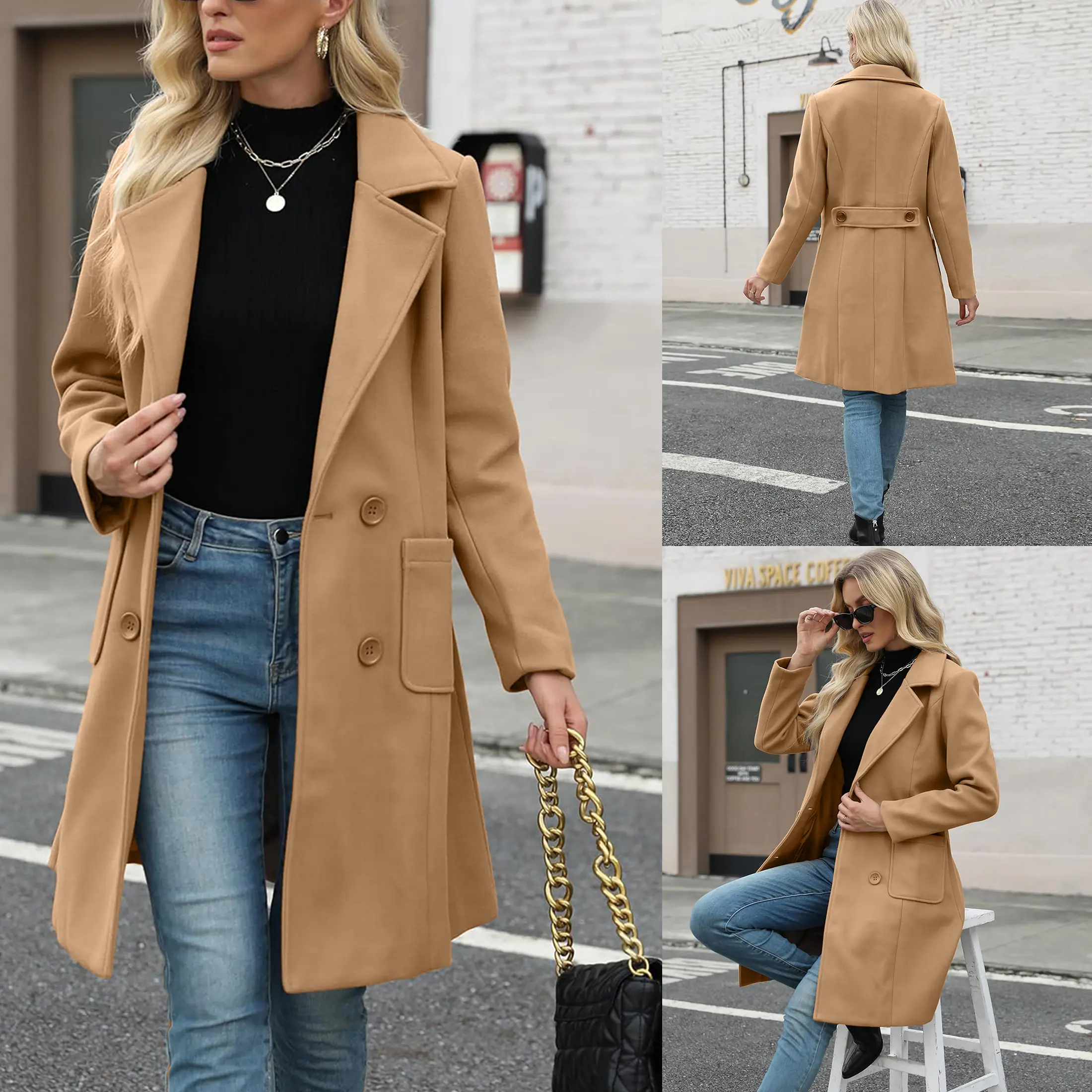 Bienmorn Women Winter Wool Blend Camel Coat Double Breasted Mid Long Notch Lapel Classic Warm Jacket Elegant Old Money Outerwear