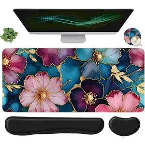 4pcs Colorful Floral Gold Line Design Universal Mouse Pad + Keyboard Wrist Rest + Ergonomic Mouse Pad + Coaster Set, Office Accessories Set with Ergonomic Wrist Support, Computer Mat for Desktop Decoration, Suitable for Home Office Gaming