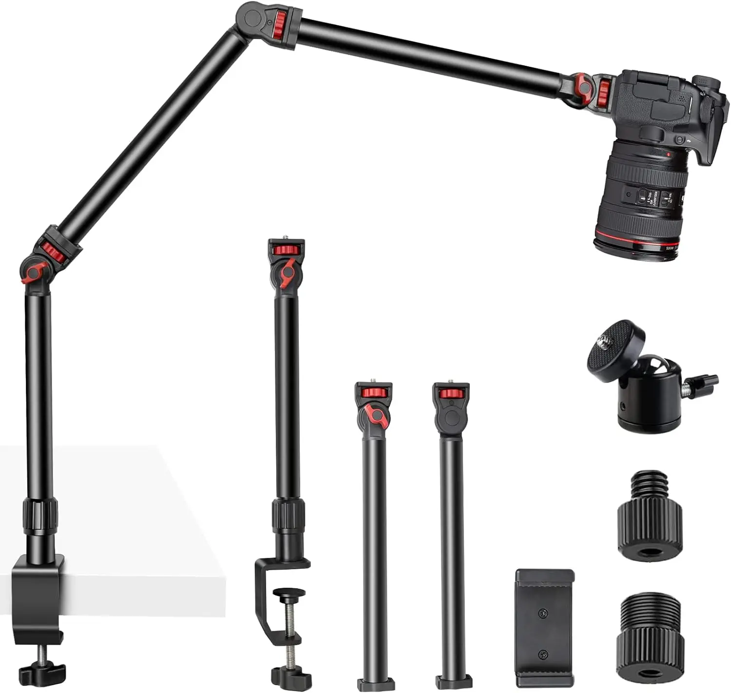 Overhead Camera Mount with 1/4“ 3/8" 5/8" Screws, Adjustable 3-Section Desk Camera Mounts with 180° Range & 360° Base