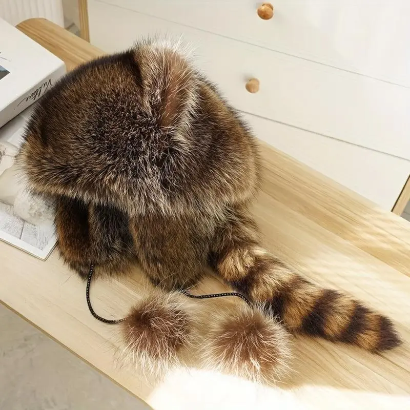 Playful Soft Knit Slouchy Raccoon Beanie Hat - Detachable Fluffy Earmuffs, 2026 Retro Animal Tail, 45cm/17.72in, Cottagecore Cozy Winter Accessory, Customizable, Hypoallergenic, Tail Adds Whimsy, Unisex, Machinewashable, Funky Fashion Hat