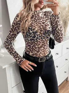 Women's High Neck Leopard Print Long Sleeve Top, Slim Fit Mesh Ruffle Hem Tight Shirt, Fashion New Nightclub Style Bar Party