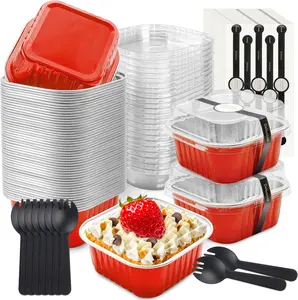 30 Pcs 5oz Red Disposable Aluminum Foil Mini Square Baking Cups with Lids and Spoons - Ramekins Cake Pans for Wedding, Birthday Parties (Kitchenware Bakeware Baking Utensils)