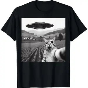 100% Cotton Cat Selfie With Alien UFO Funny Cat Gifts For Men Women Kid T-Shirt Cute Graphic Tee