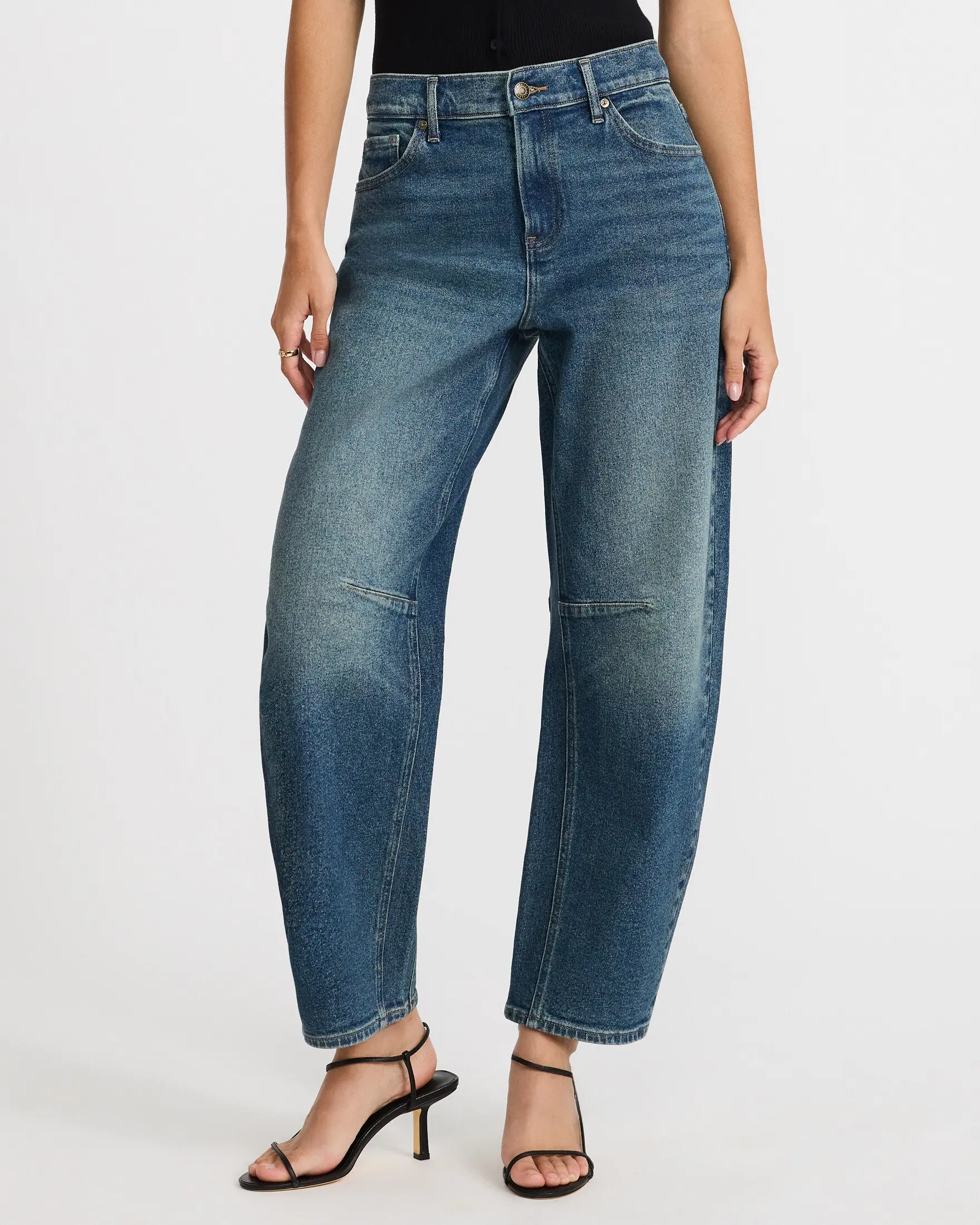 Express Women's Dark Wash Low-Slung Barrel Jeans, Cotton-Spandex Denim Bottom with Flattering Fit, Loose