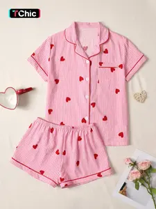 Valentine's Day Wrinkled Heart Print Pajama Set, Short Sleeve Button-Up Top and Shorts, Women's Sleepwear and Homeewear, Loungewear