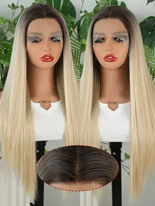 Ombre Brown to Blonde 13x4 Lace Front Wig 28" Long Straight Synthetic Hair High Ponytail Friendly