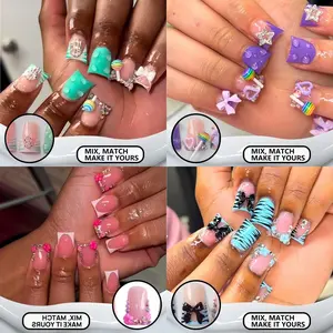 96pcs Duckbill Shape Nail Set, 4 Styles with Candy Charms, Bowknots, Rhinestones, Zebra Print, Glossy Fake Nails, Summer Nails, Reusable, Includes Jelly Glue & File