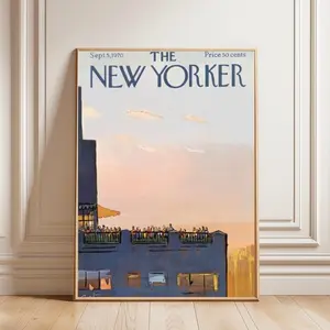 [Sale Off Up To 50%] [Unframe] Vintage New Yorker Cover Print, 1970 Rooftop Party, Retro Cityscape