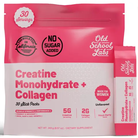 Old School Labs Creatine Monohydrate for Women + Collagen & BCAA Stick Packs | 5g Creatine Supplement for Fitness, Lean Muscle, Recovery, Healthy Hair & Skin | 30 Servings