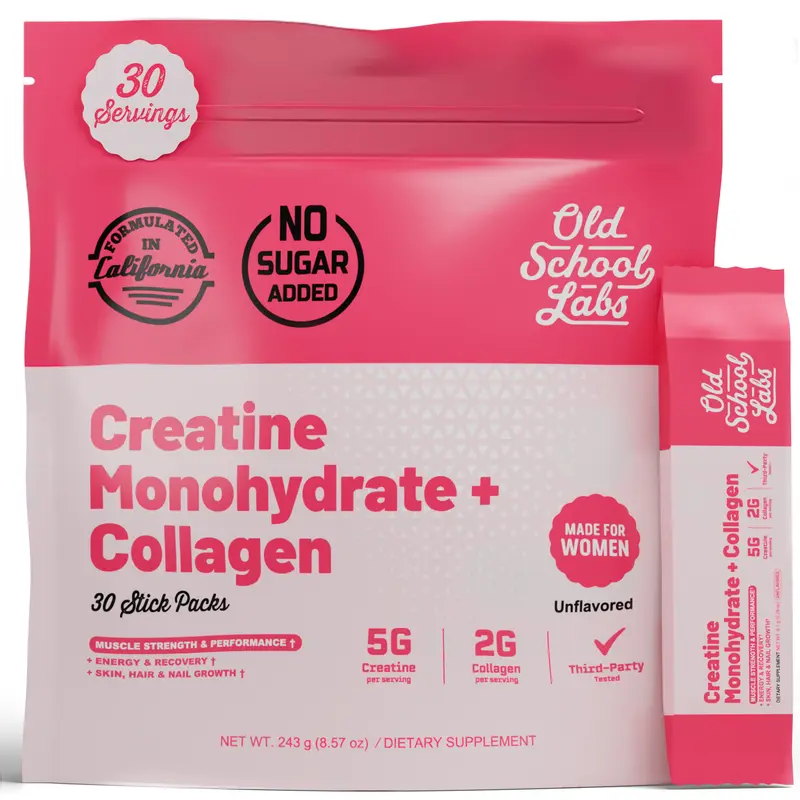 Old School Labs Creatine Monohydrate for Women + Collagen & BCAA Stick Packs | 5g Creatine Supplement for Fitness, Lean Muscle, Recovery, Healthy Hair & Skin | 30 Servings