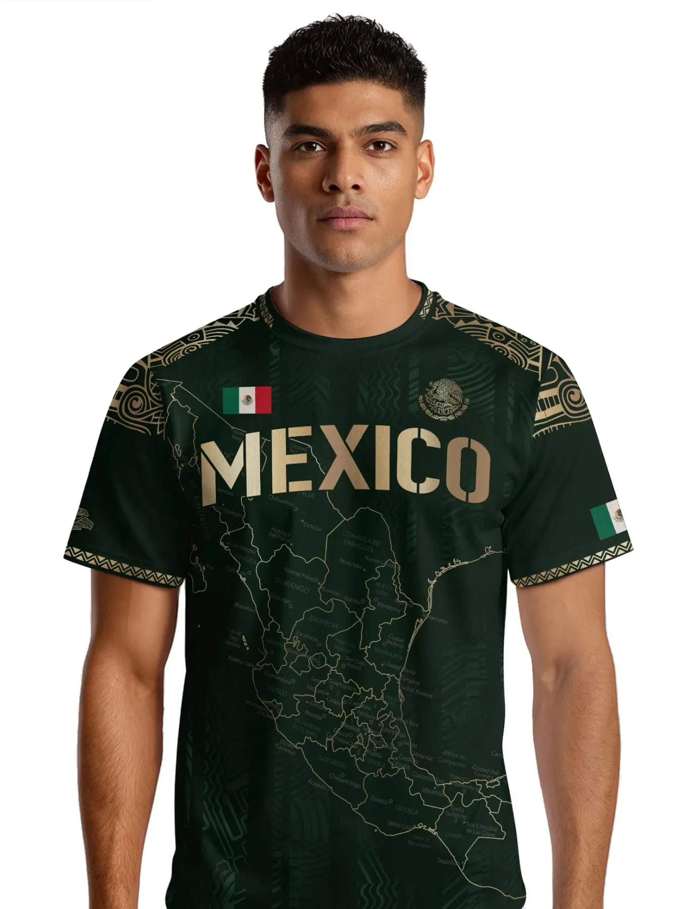 Mexico Soccer Jersey Heritage Map with Golden Aztec Details, Sporty ...