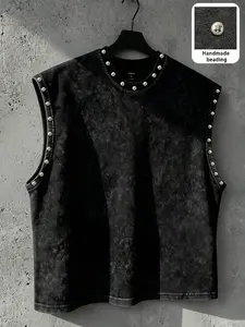 Unisex Y2K Summer Casual Silver Color Metal Rivet Decorative Sleeveless Tank Top Vest, Plain Texture, No Sleeves, Fashionable Design