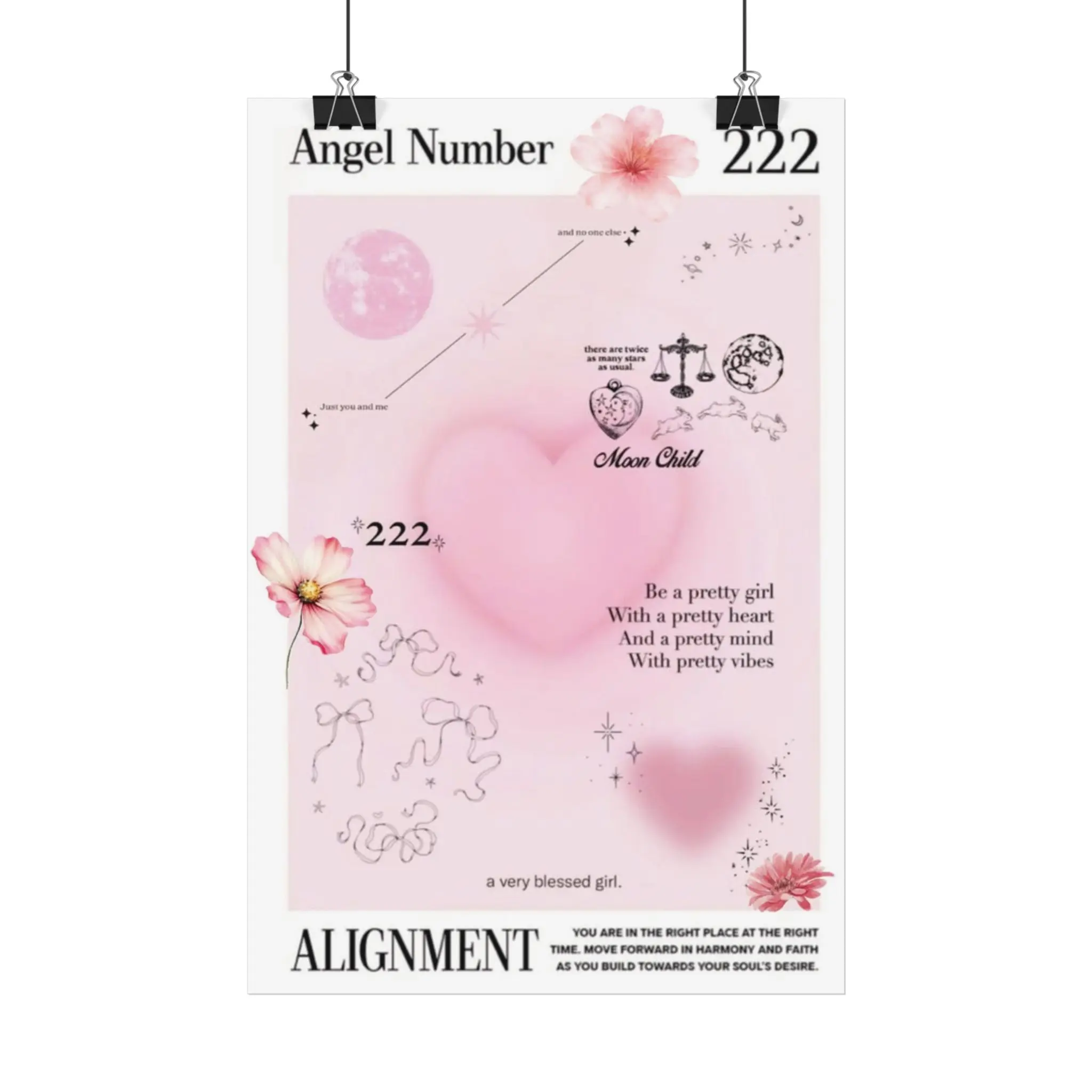 Angel Number 222 Alignment Satin Poster | Pink Heart Spiritual Wall Art