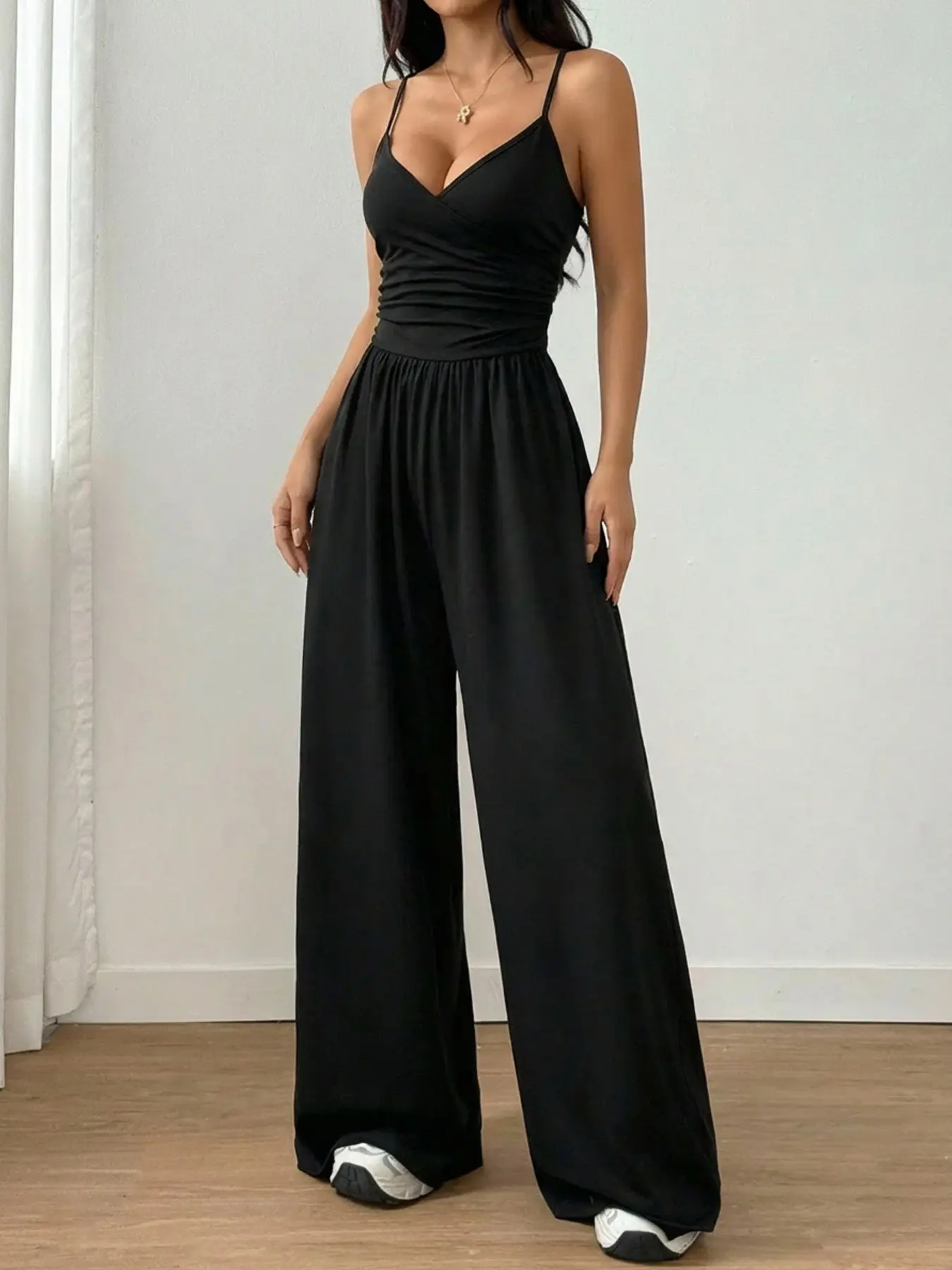 Women's Black Spaghetti Strap V-Neck Wide Leg Casual Summer Jumpsuit - Ruched Waist Backless Jumpsuit for Date & Party | Trendy Baddie Aesthetic, Viral TikTok Jumpsuit
