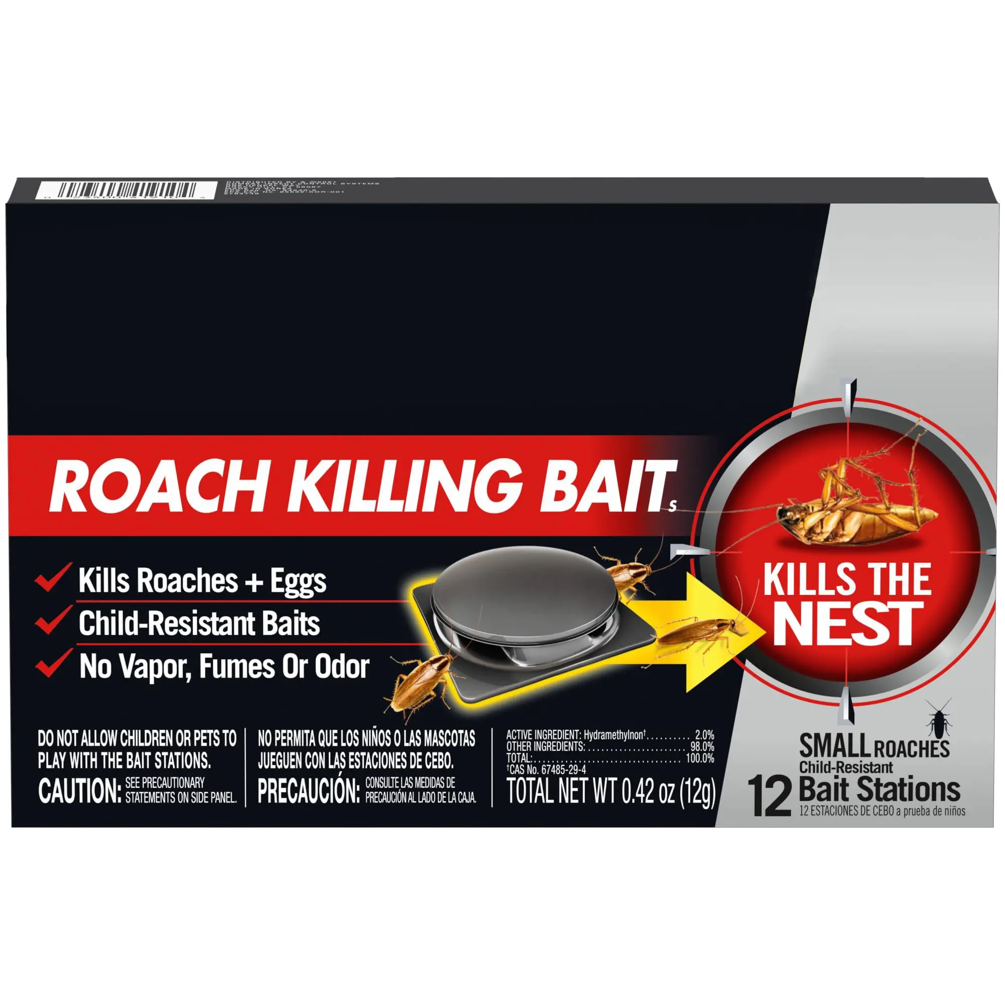 Household Compact Anti-Cockroach Indoor Insect Control Roach Bait Stations with Hydramethylnon, 12-Count Odourless Fume-Free Solution, 3-Month Long-Lasting Formula Kills Cockroaches & Their Eggs