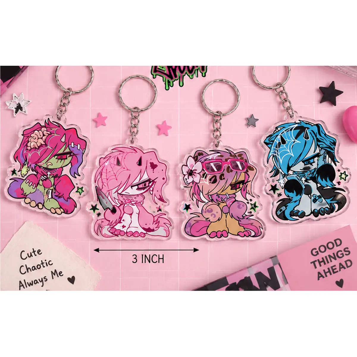 Y2K Alt Scene Kid Chibi Keychain, Neon Emo Girl Clear Acrylic Keyring, Creepy Kawaii Pastel Goth Bag Charm for Backpack, Edgy Ita Bag Accessories