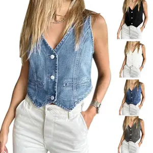 Fisace Womens Denim Vest Sleeveless V Neck Button Down Jean Waistcoat Jacket Y2K Summer Crop Top