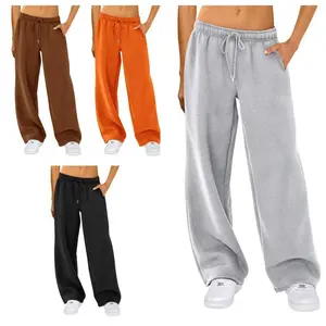 Women Straight Leg Baggy Sweatpants Teen Girl Elastic Waist Casual Athletic Workout Pants Solid Loose Fit Joggers Drawstring Waist High Rise Lounge Trousers with Pockets Wide Leg Womenswear Bottom High Waist Polyester Comfort Basi